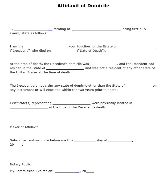 Affidavit Of Domicile Printable Form Printable Forms Free Online