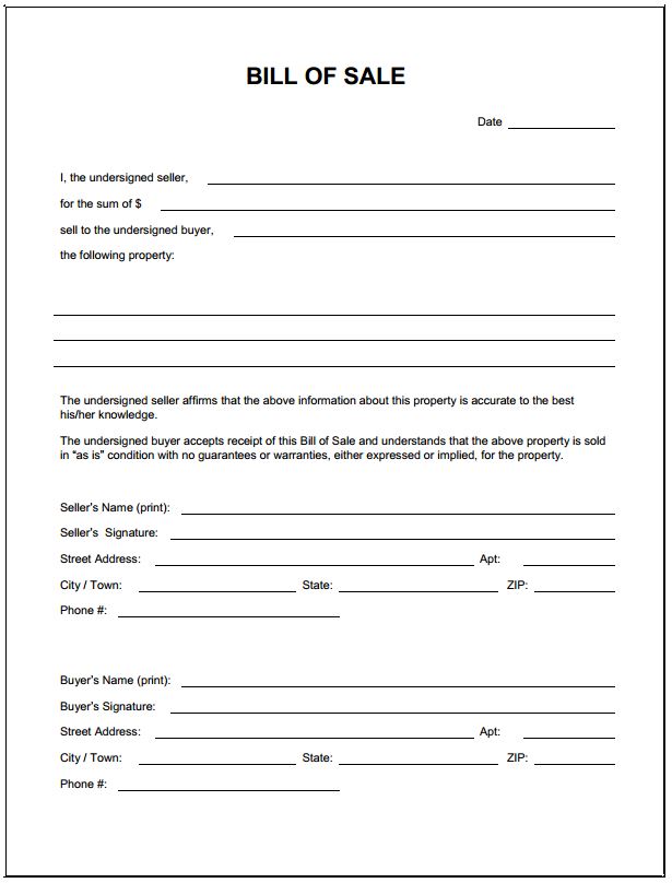 Free Blank Bill of Sale Form PDF Template Form Download