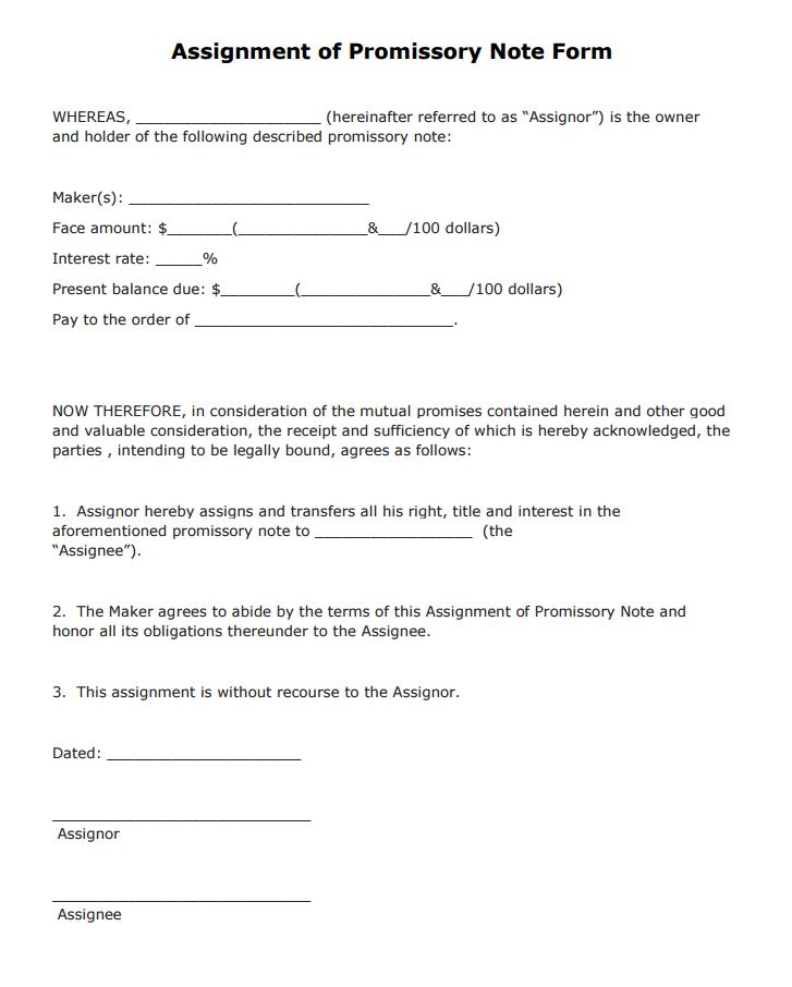 Free Assignment of Promissory Note Form | PDF Template ...