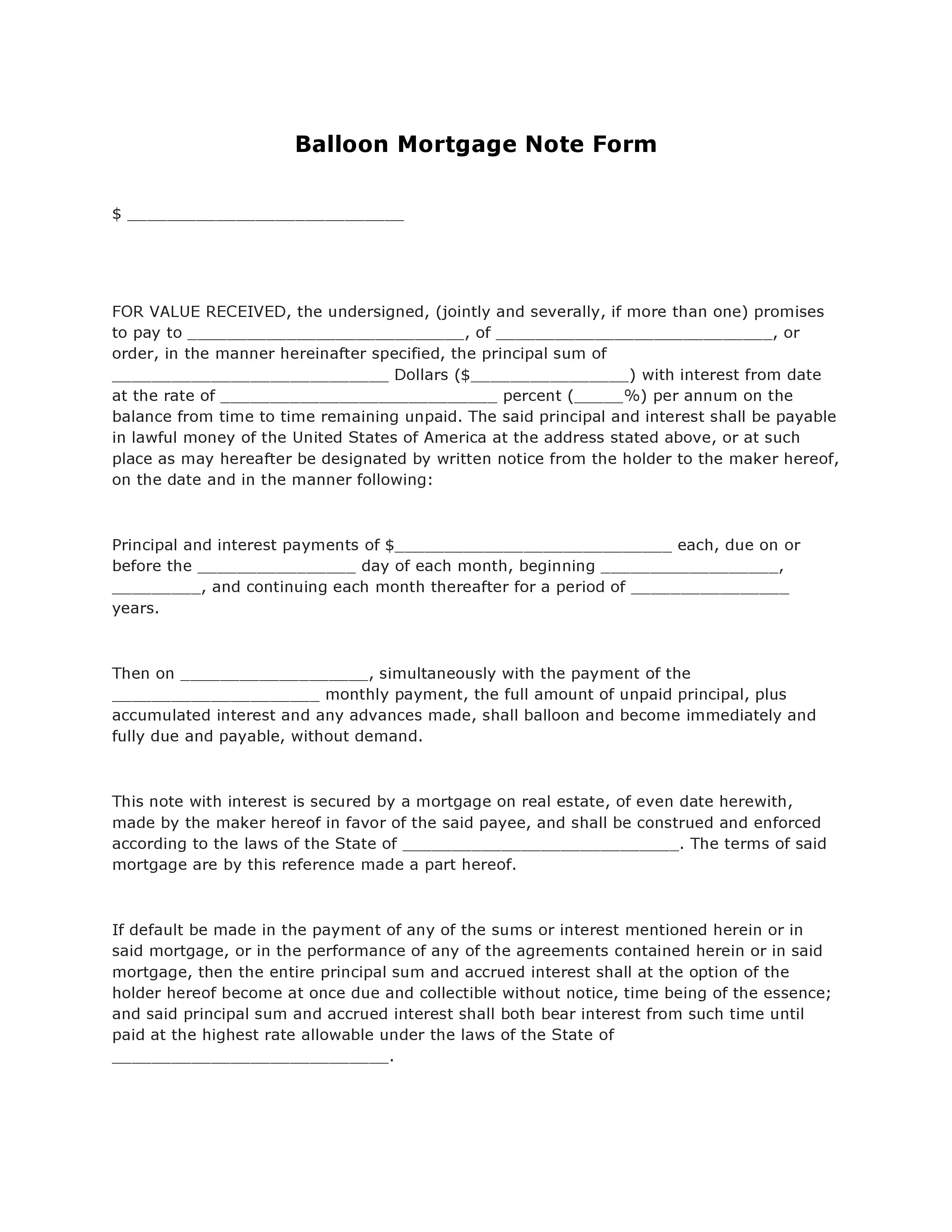 Free Balloon Mortgage Note Form - PDF Template - Form Download Regarding Mortgage Note Template