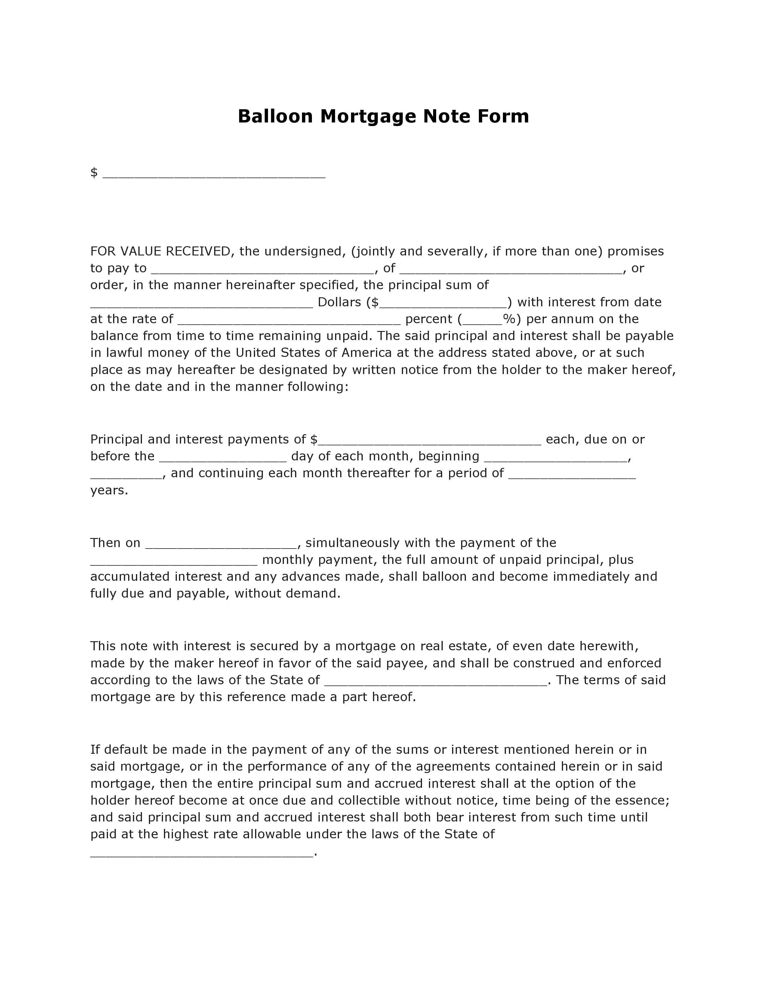 Free Balloon Mortgage Note Form Pdf Template Form Download