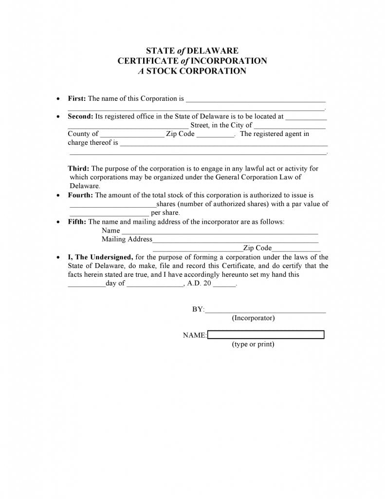 Free Delaware Certificate Of Incorporation Form PDF Template Form   Delaware Certificate Of Incorporation 791x1024 