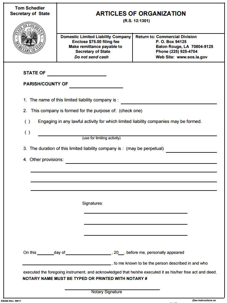 Free Louisiana (LLC) Limited Liability Company Form | PDF Template | Form Download