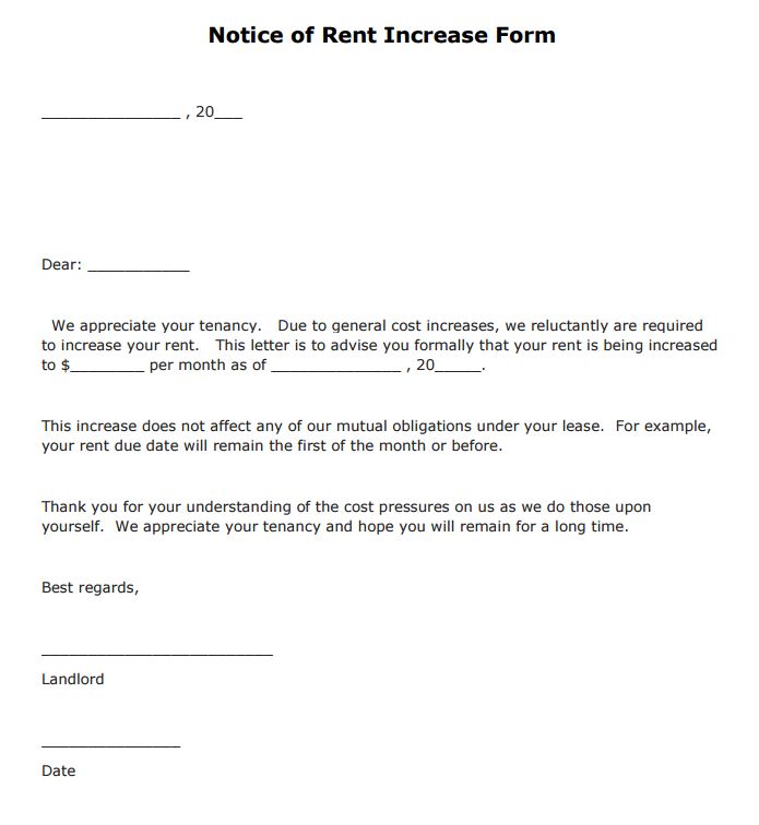Free Notice Of Rent Increase Form PDF Template Form Download