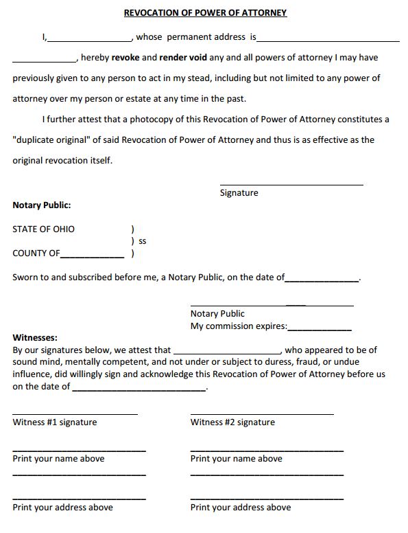 Free Ohio Power Of Attorney Revocation Form Pdf Template Form Download