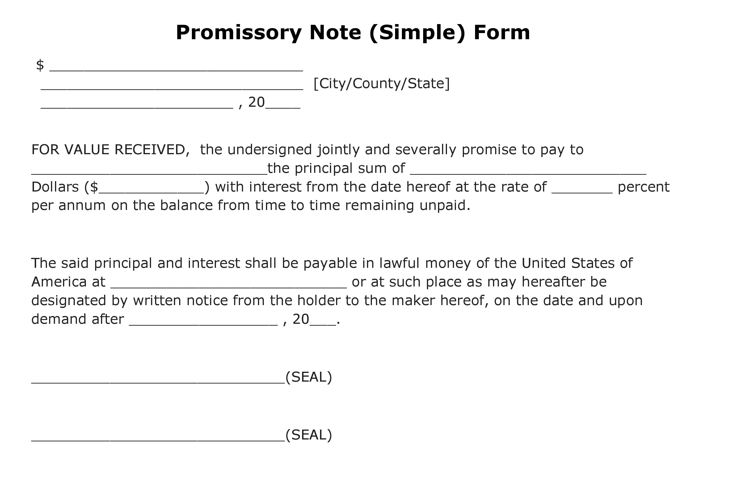 Free Promissory Note (Simple) Form PDF Template Form Download