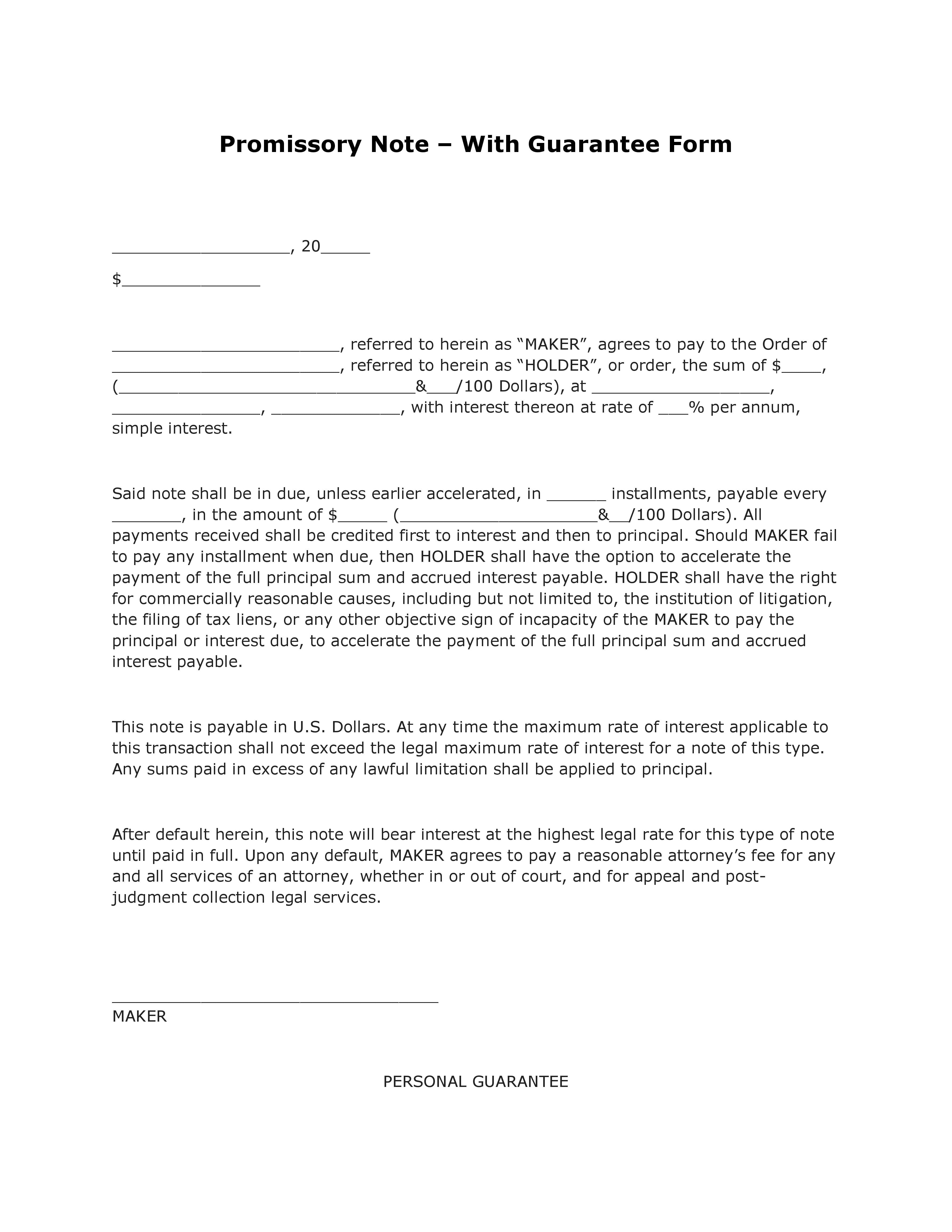 Free Promissory Note – With Guarantee Form - PDF Template - Form Inside Simple Interest Promissory Note Template