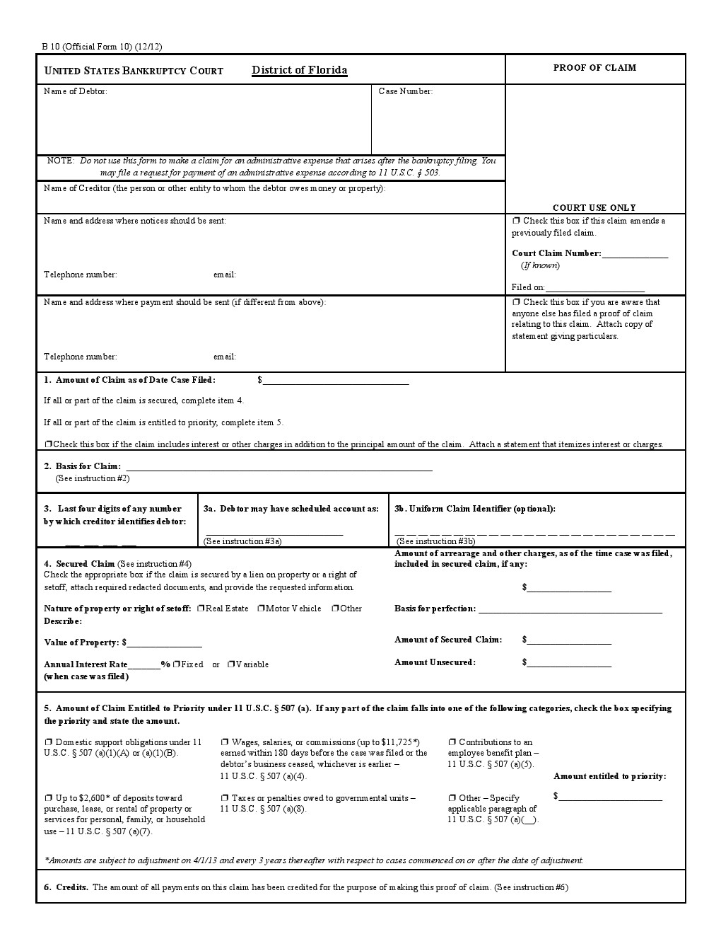 Free State of Florida Bankruptcy Proof of Claim Form PDF Template