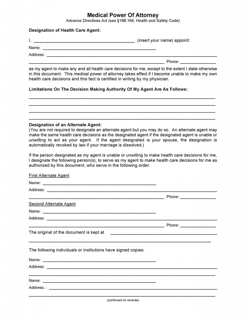 Free Texas Medical Power Of Attorney Form PDF Template Form Download