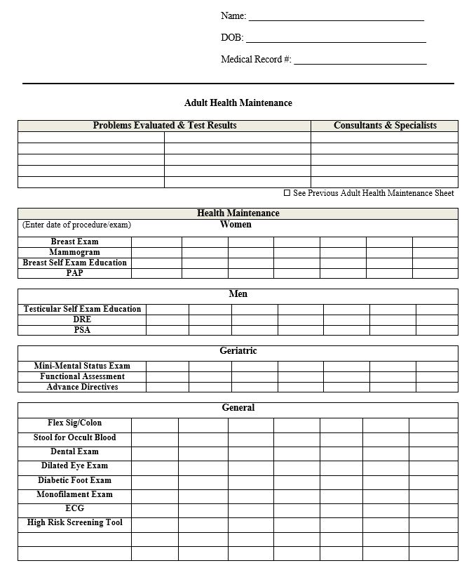 Free Adult Health Maintenance Form - PDF Template - Form Download