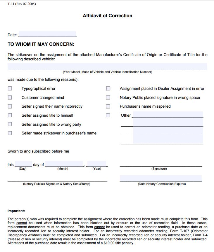 Affidavit Of Correction Form Free Printable Form 8177