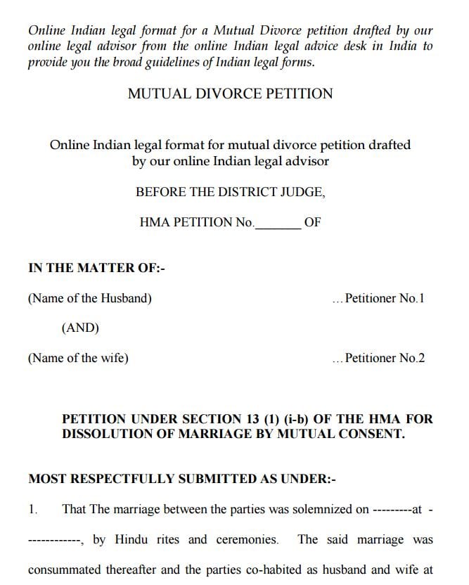 divorce illinois agreement India Template Petition Form  PDF Free Divorce Mutual