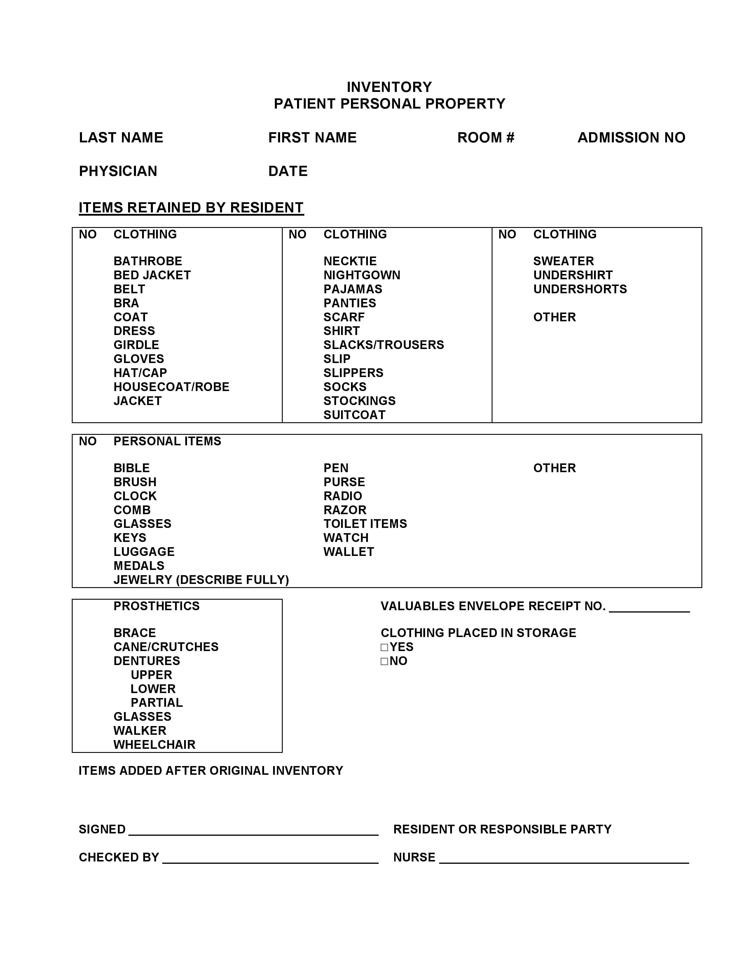 Free Inventory Patient Personal Property Form Pdf Template Form Download
