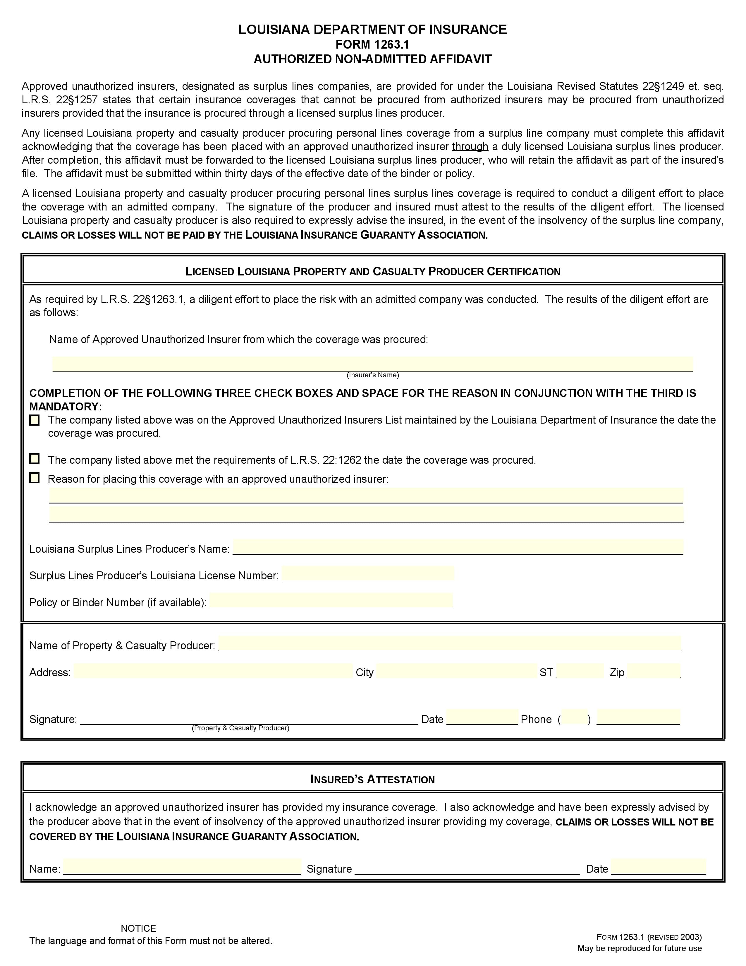 Free Louisiana Authorized Non Admitted Affidavit Form Pdf Template Form Download