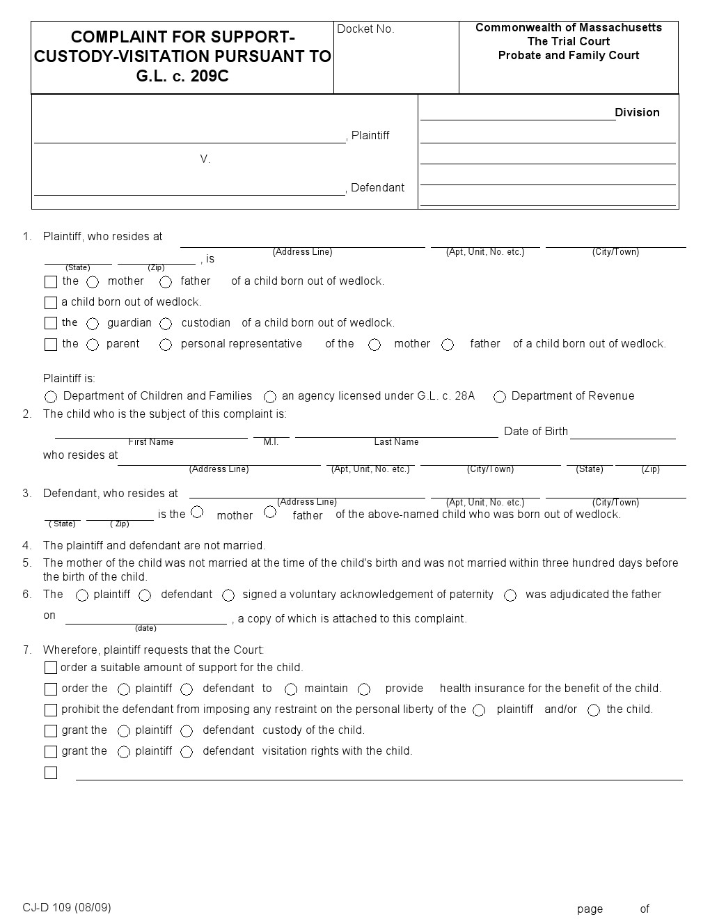 Free Massachusetts Child Custody Form PDF Template Form Download