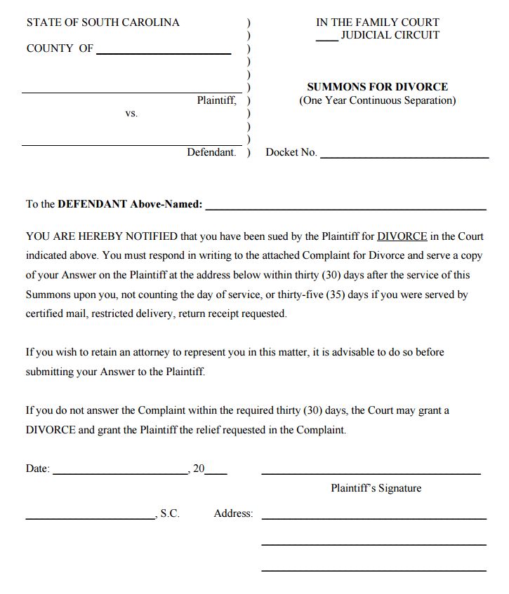 Free South Carolina Summons for Divorce Form PDF Template Form Download