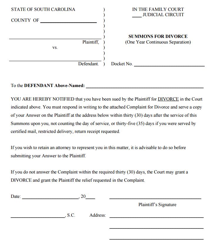 free south carolina summons for divorce form pdf template form download