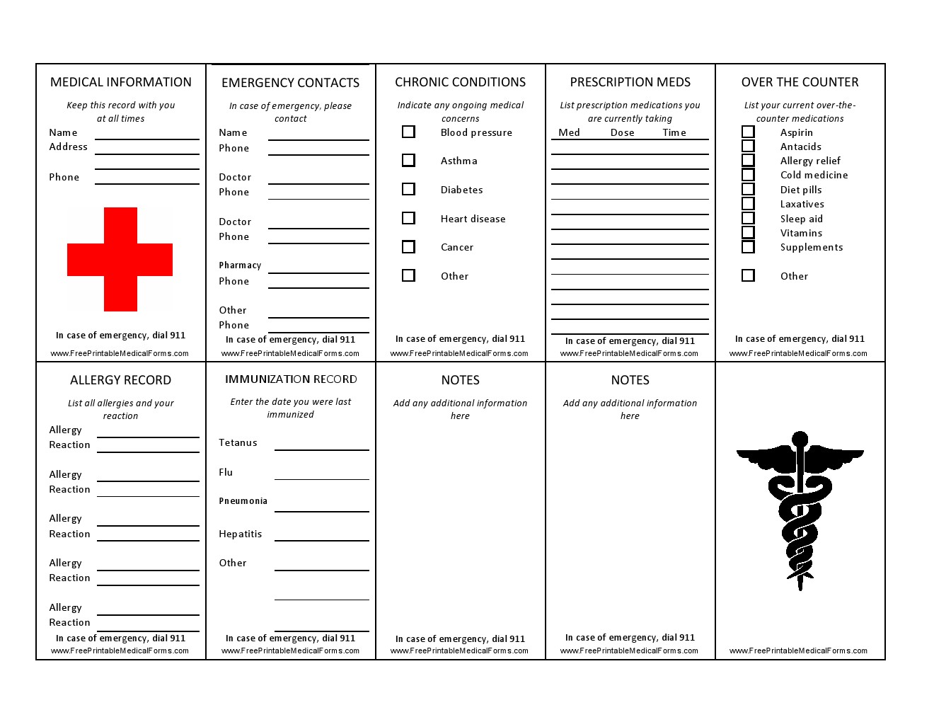 Free Wallet sized Medical Information Card PDF Template Form Download