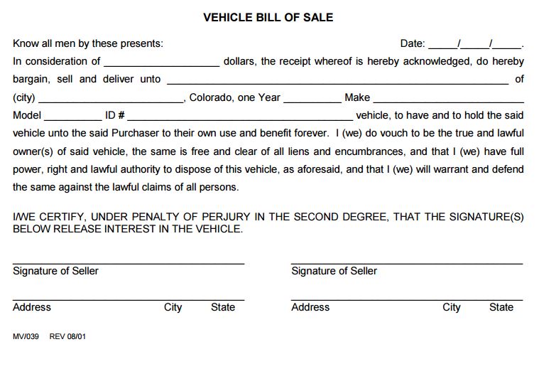 Free Colorado Vehicle Bill Of Sale Form 2