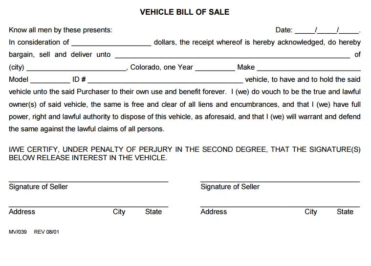 Free Colorado Vehicle Bill Of Sale Form 2 PDF Template Form Download