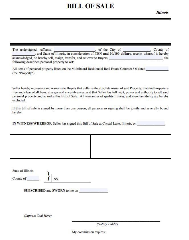 Free Illinois Personal Property Bill of Sale Form PDF Template Form