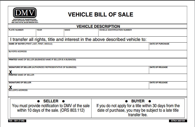 Oregon Motor Vehicle Bill Of Sale Form Oregon Motor V vrogue co