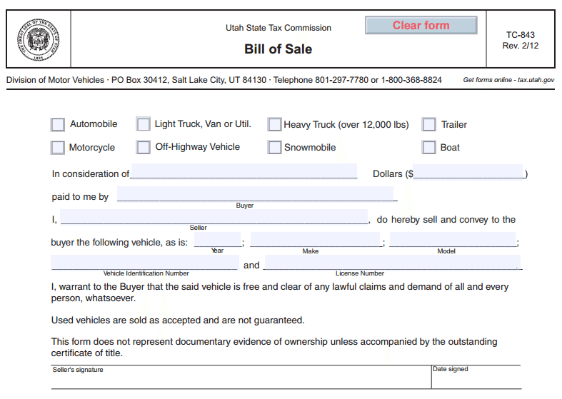 Free Utah Motor Vehicle Bill of Sale Form PDF Template Form Download