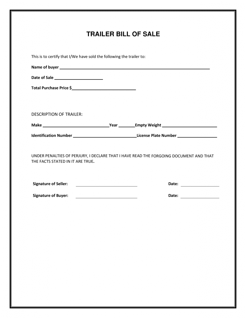 Free Trailer Bill of Sale Form PDF Template Form Download