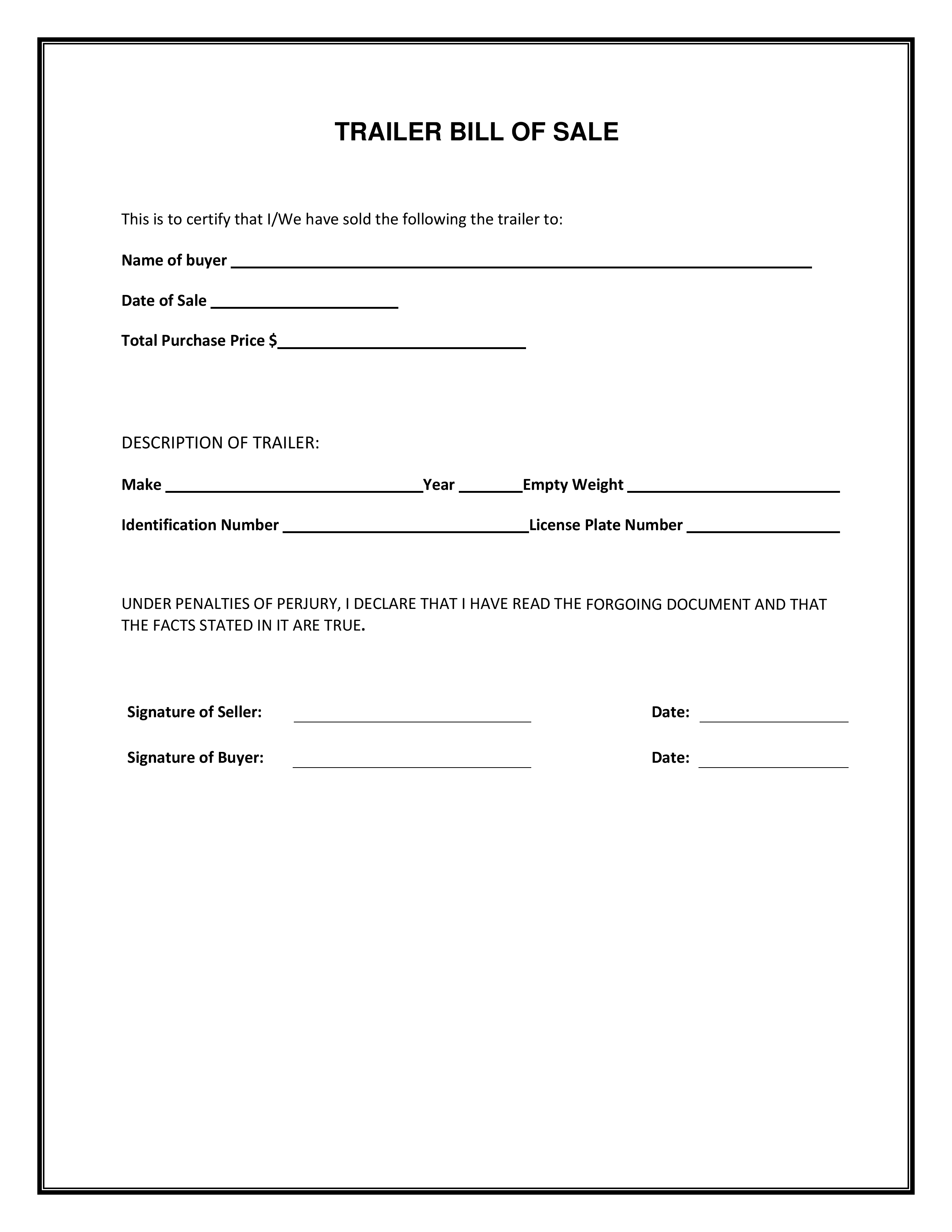 Free Trailer Bill of Sale Form PDF Template Form Download