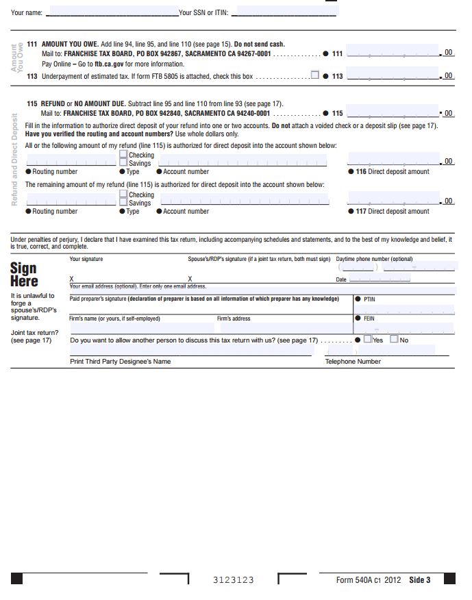 Free California Tax Return (Form 540A) PDF Template Form