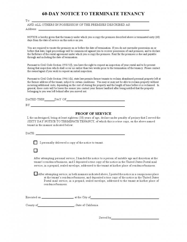 California 60 Day Notice to Vacate Form (as of 2013)