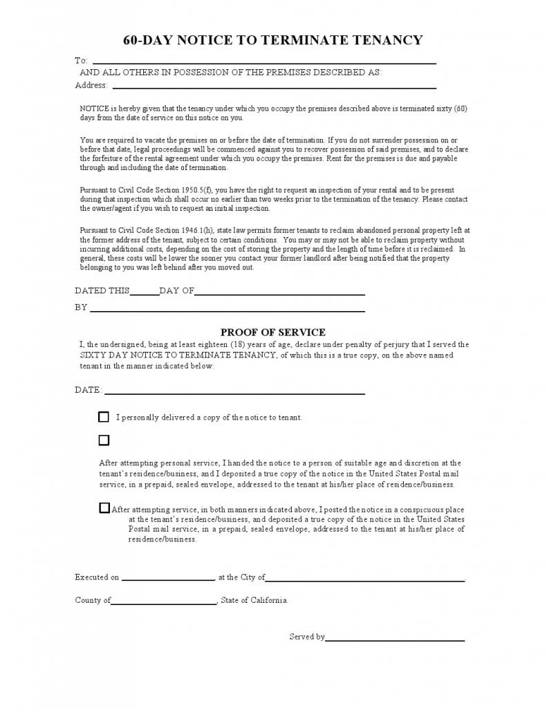 Free California 60 Day Notice to Vacate Form (as of 2013 ...