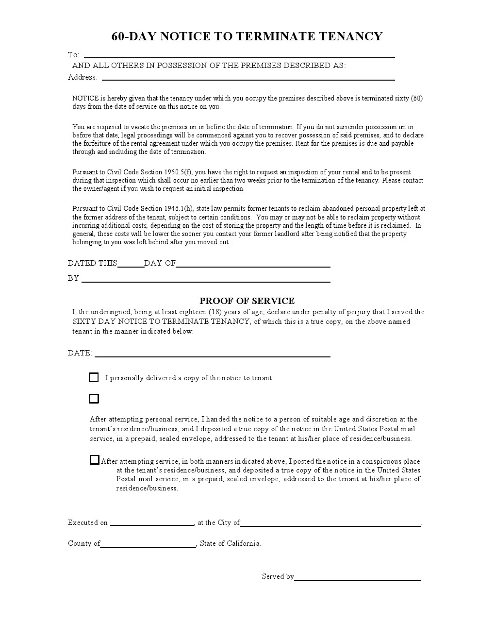 Free California 60 Day Notice to Vacate Form (as of 2013) PDF