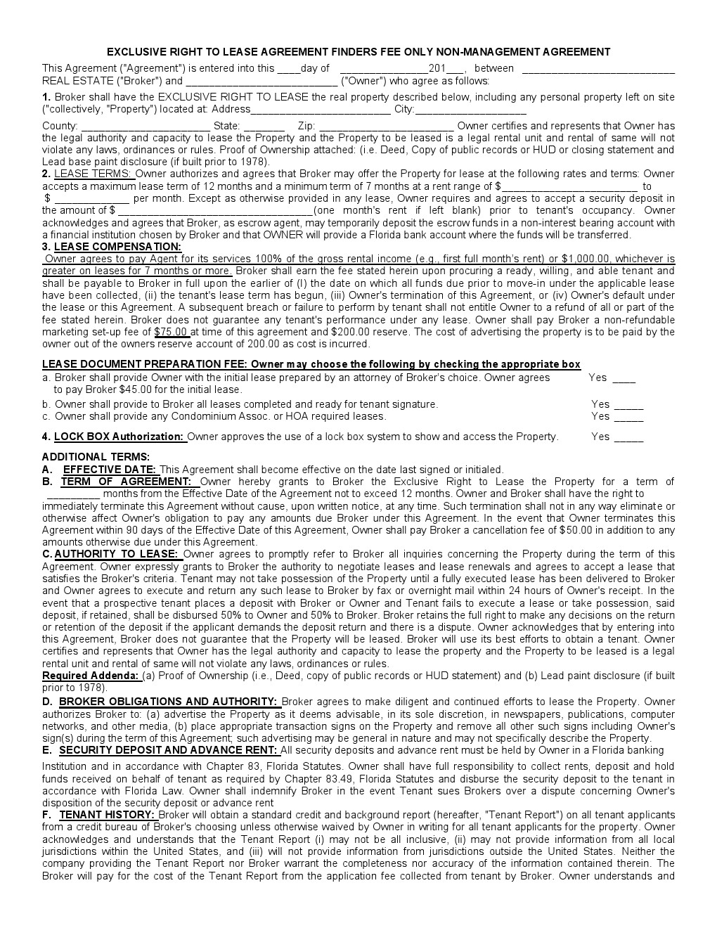 template rights exclusive agreement agreement form rental