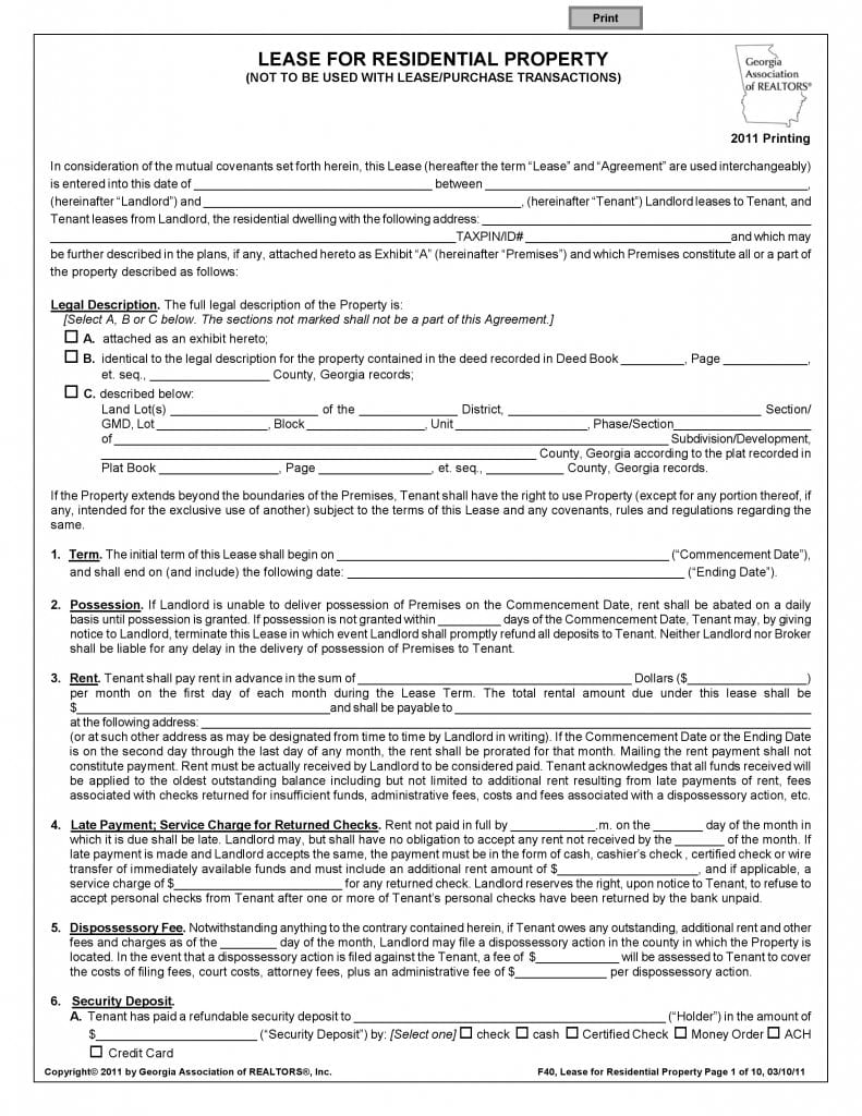 Free Georgia Residential Lease Agreement PDF Template Form Download