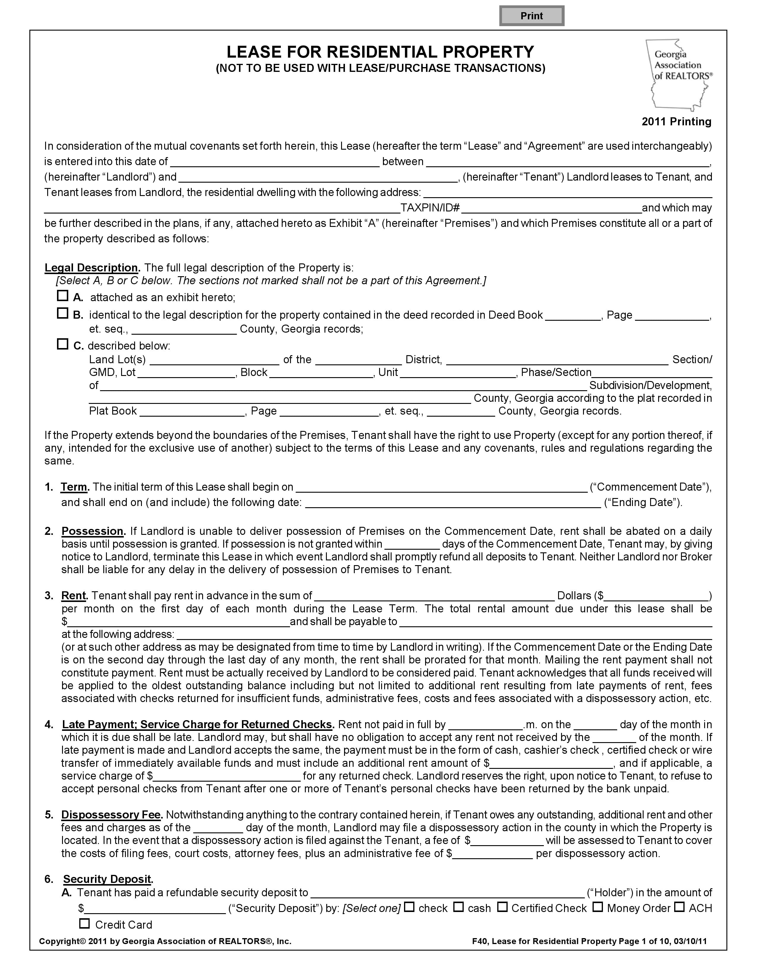 Free Georgia Residential Lease Agreement Pdf Template Form Download