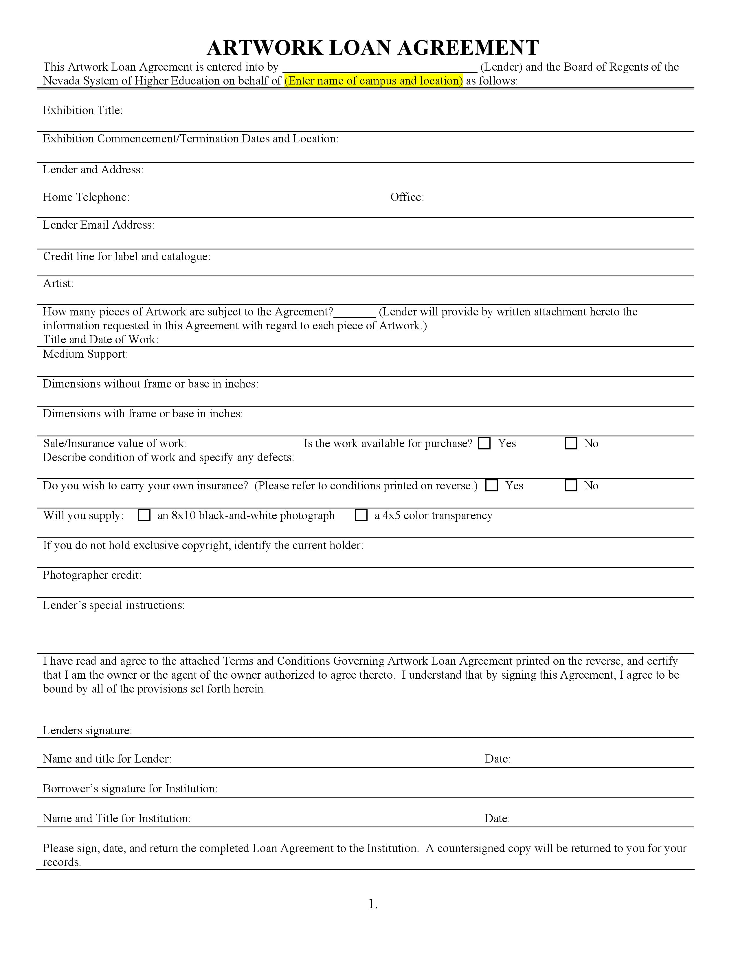 Free Artwork Loan Agreement - PDF Template - Form Download Intended For line of credit loan agreement template