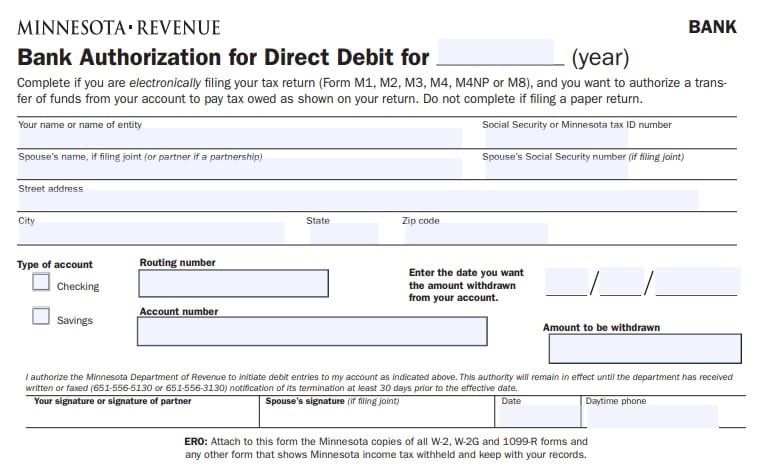 Free Minnesota Bank Authorization for Direct Debit of Tax ...