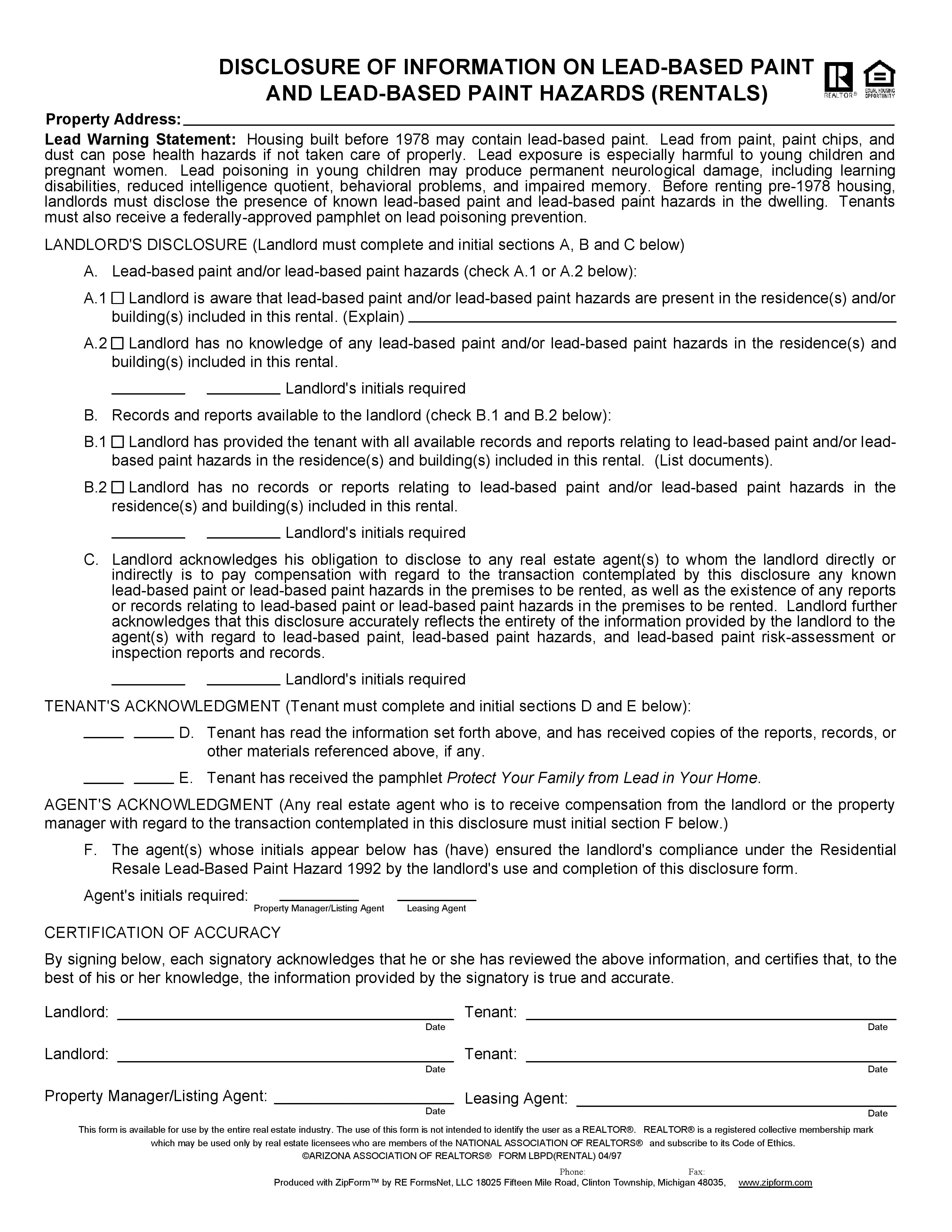 Free Arizona Lead Based Paint Disclosure Form Pdf Template Form Download