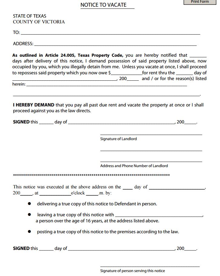 Free Texas Notice to Vacate PDF Template Form Download