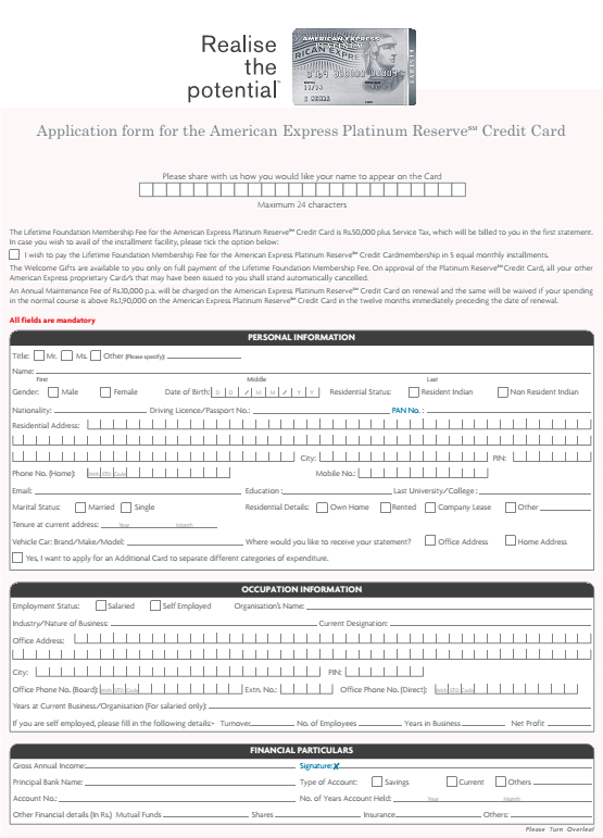 American Express Platinum Credit Card Application - PDF Form Download