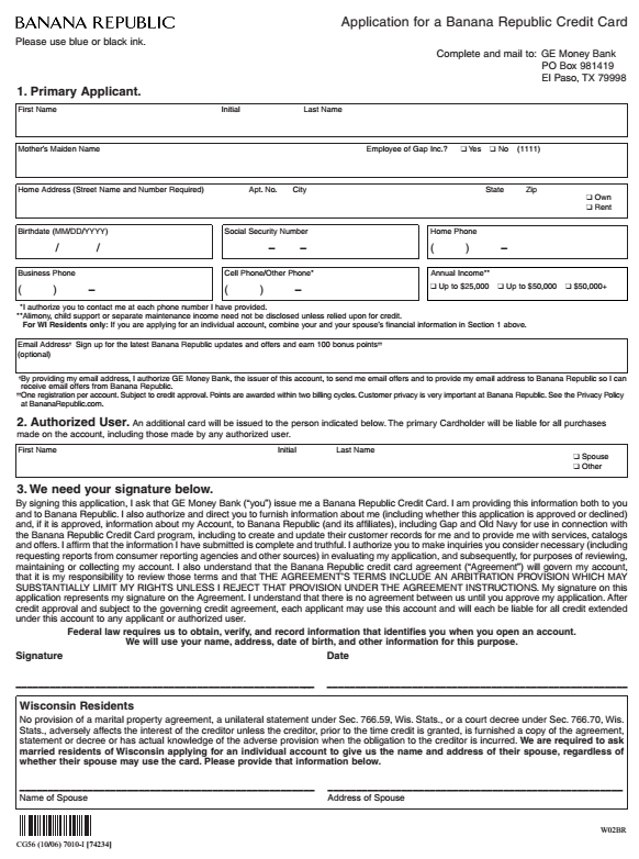 Banana Republic Credit Card Application Pdf Form Download