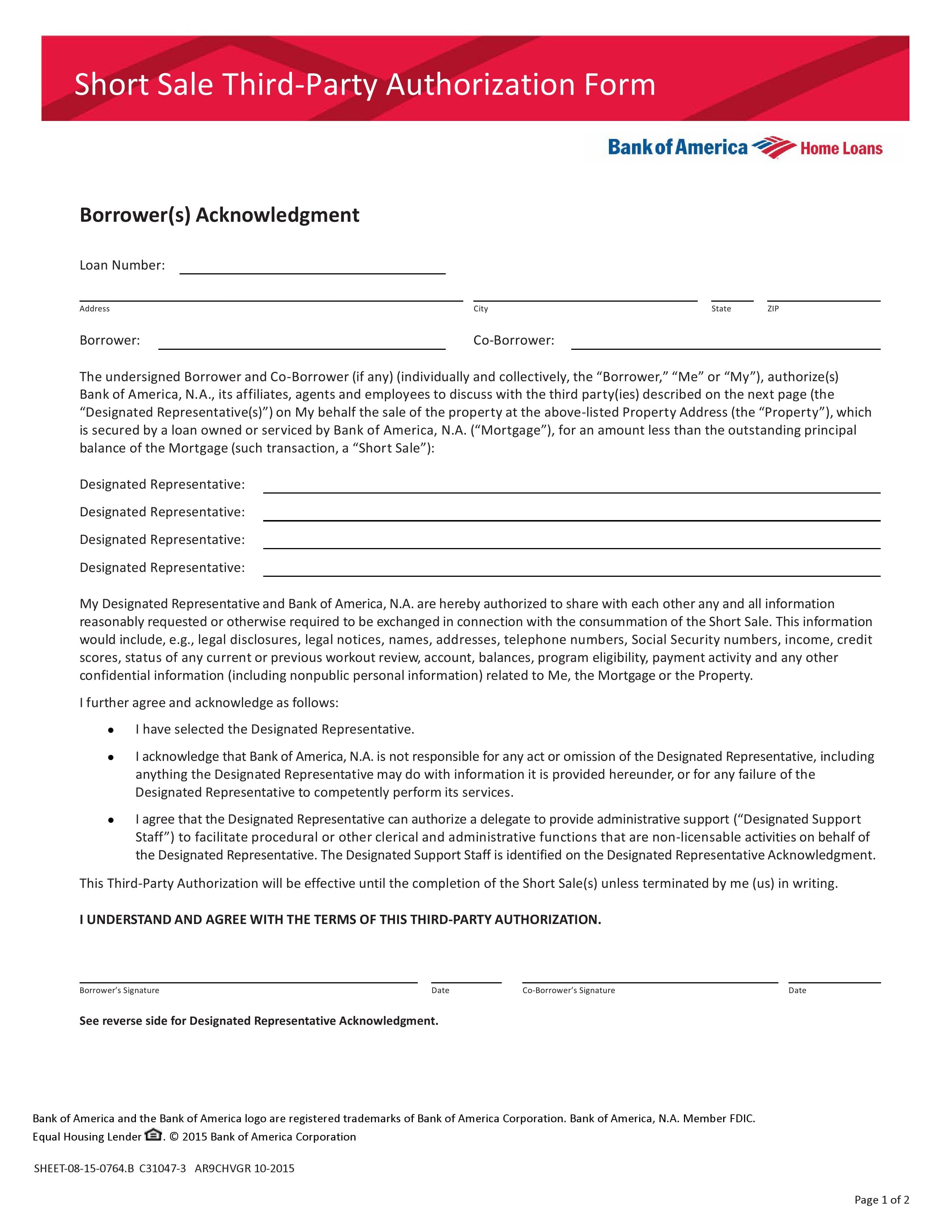 Free Bank Of America Third Party Authorization Form - Pdf Template - Form Download