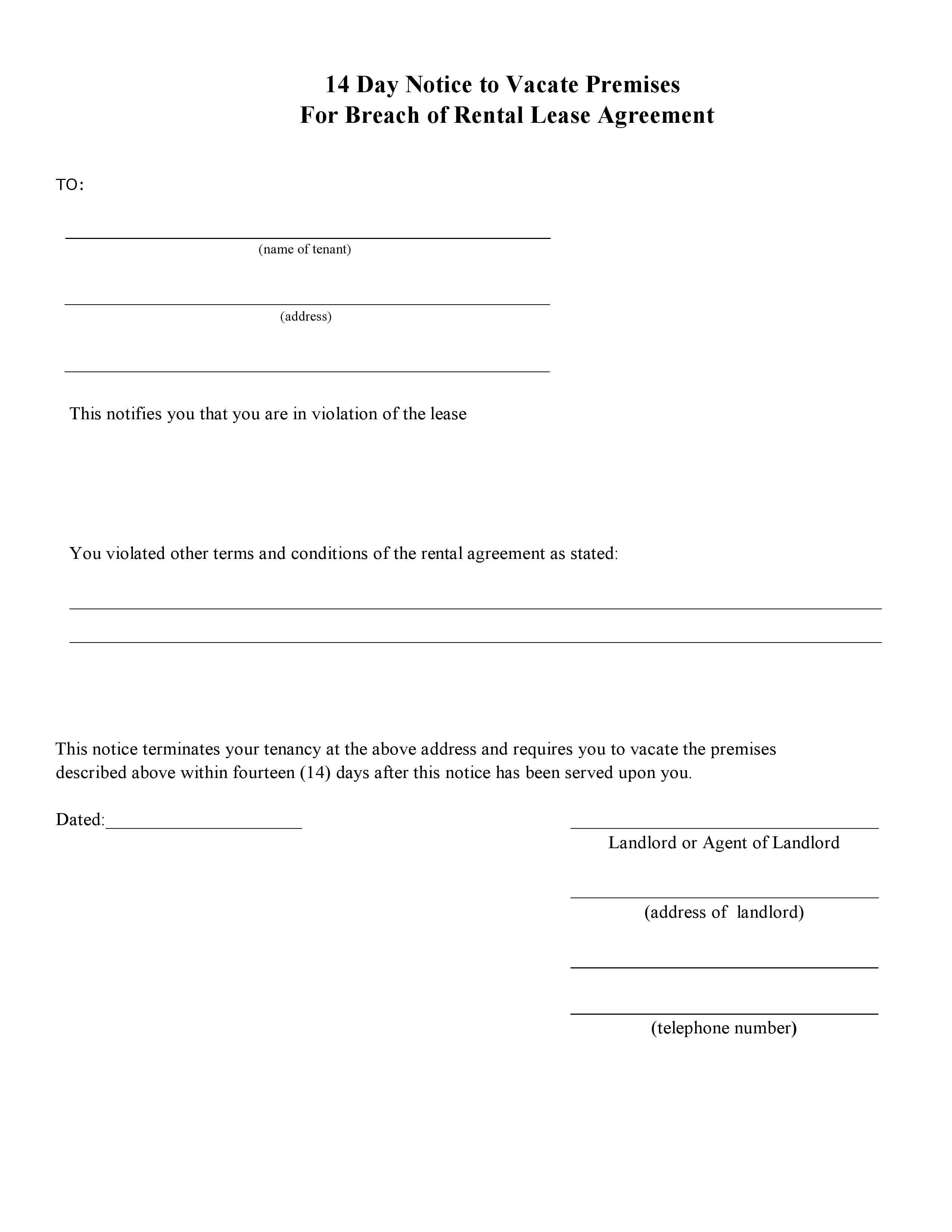 Free Blank 14 Day Eviction Notice Form For Breach Of Agreement Pdf 7789