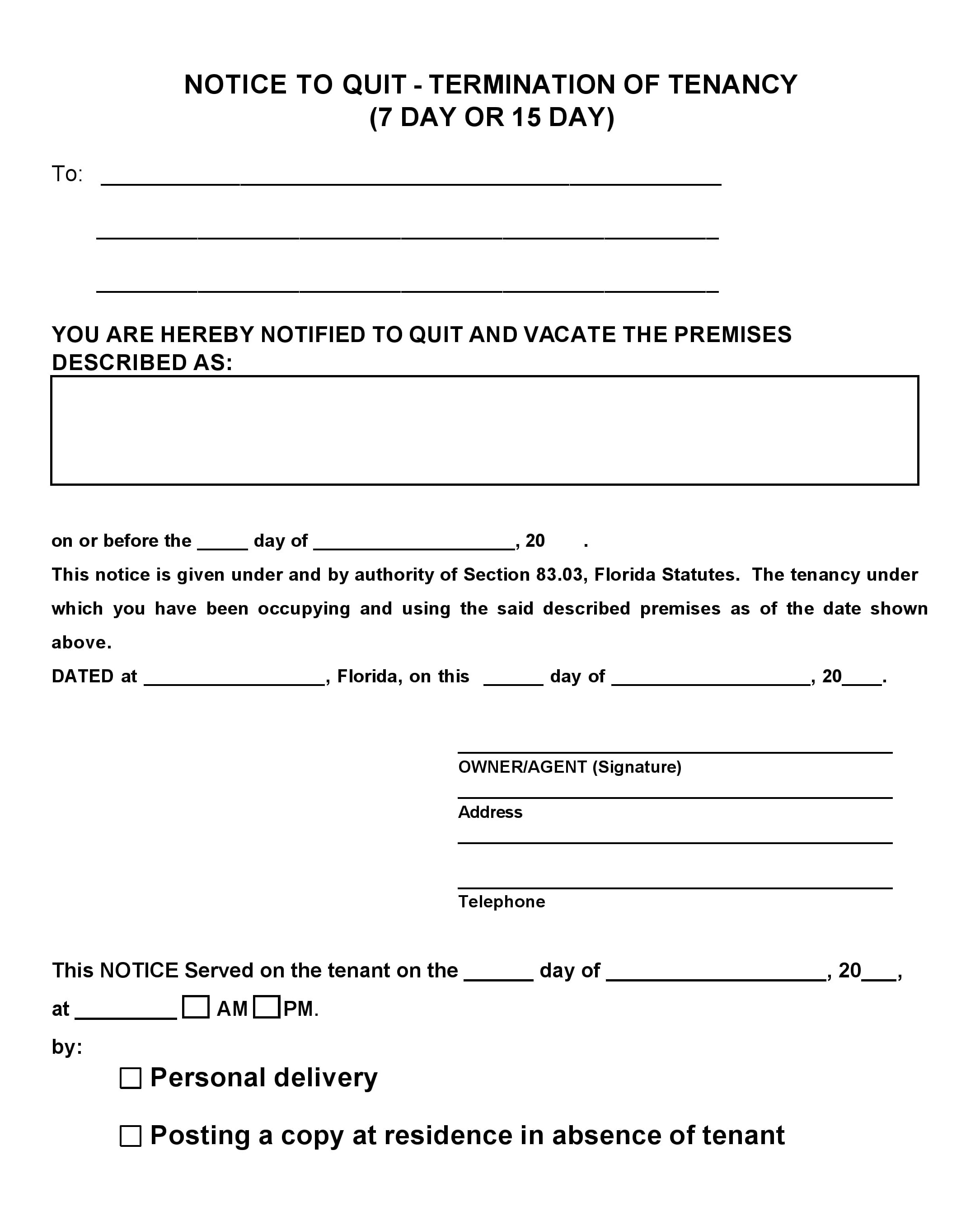 Free Florida Notice To Quit Termination Of Tenancy 7 Day Or 15 Day Pdf Template Form Download