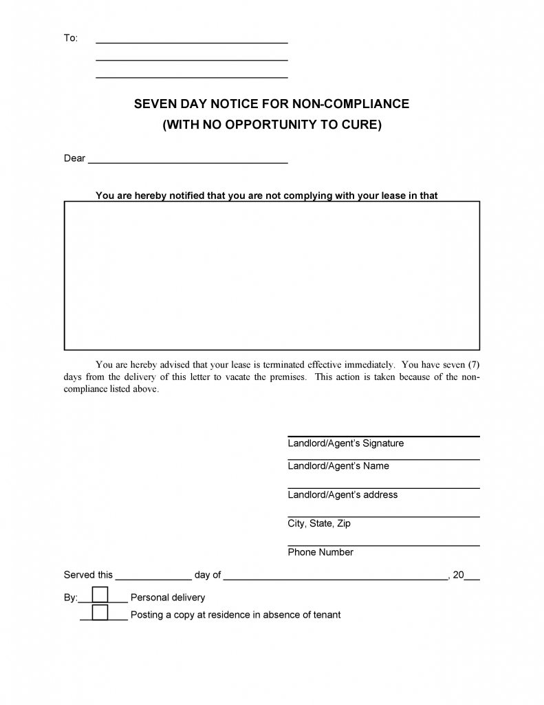 Florida Seven-Day Notice For Non-Compliance With No Opportunity To Cure