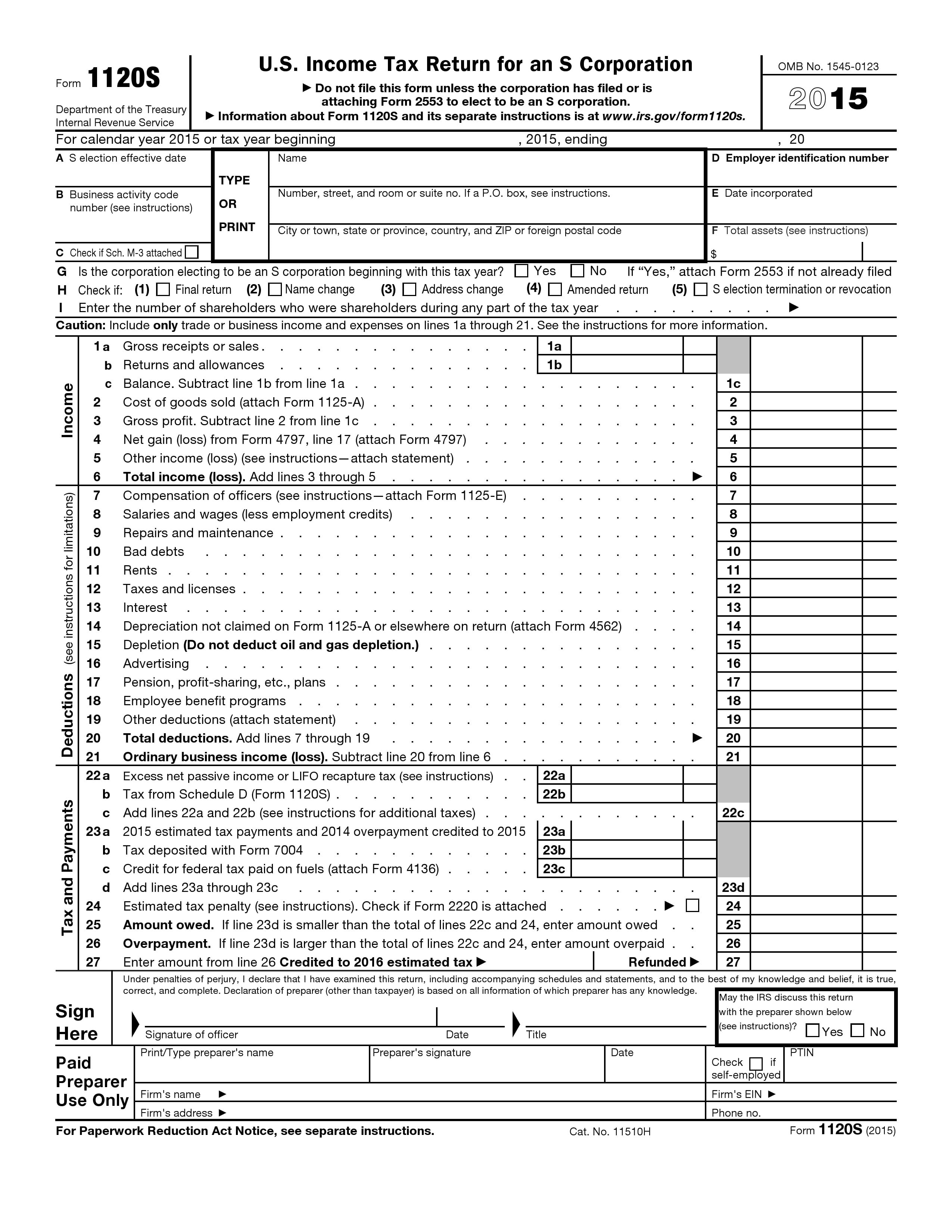 Free U.S. Tax Return for an S Corporation Form 1120S PDF