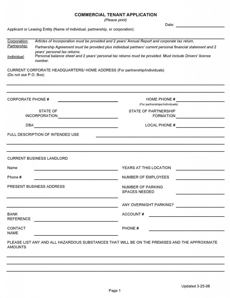 Free Mercial Tenant Application Form